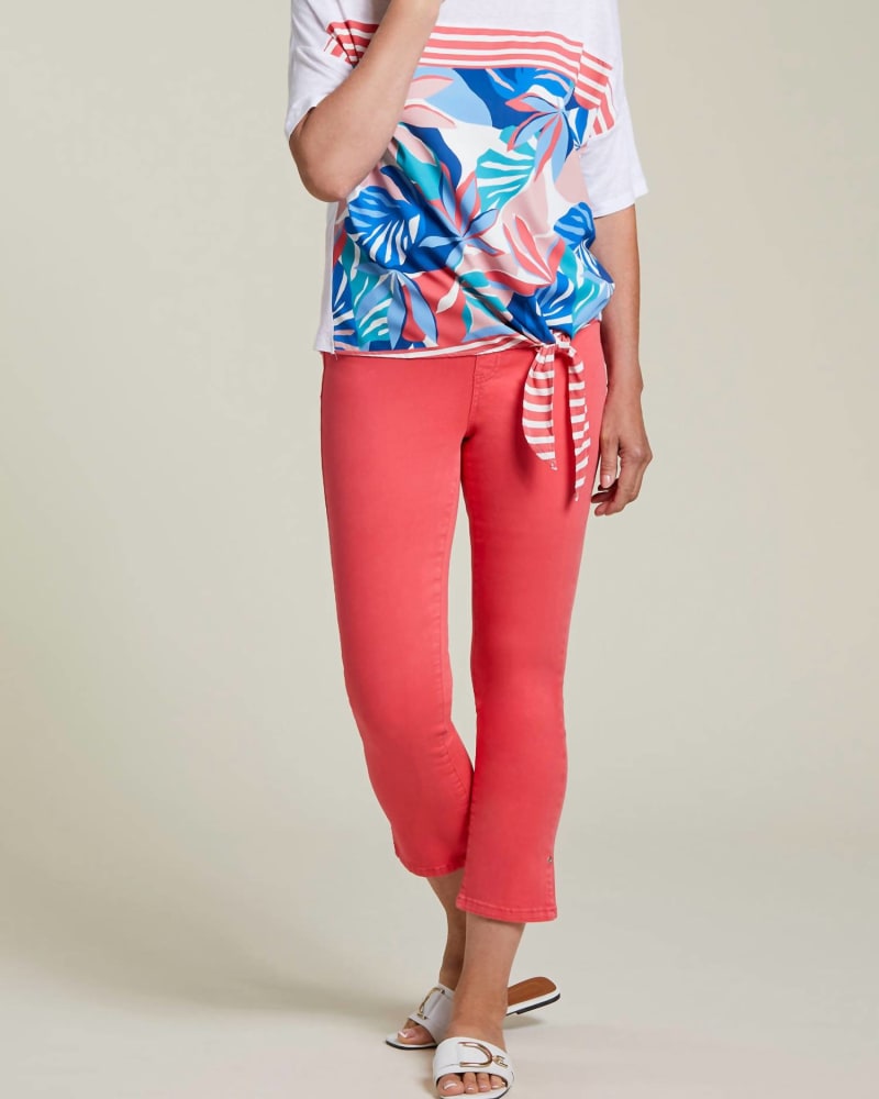 Front of a model wearing a size 12 Audrey Straight Leg W/ Slit Pant In Melon Paint in Melon Paint by TRIBAL. | dia_product_style_image_id:351518
